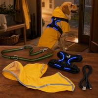 Balík na večerné venčenie: 1x LED postroj + 1x reflexné vodítko + 1x pršiplášť + 1x USB kábel 1