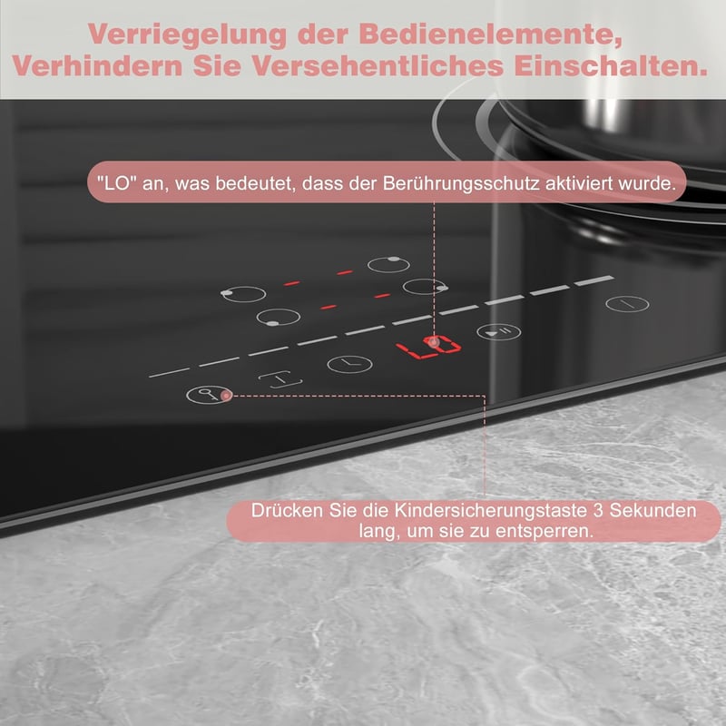Disaenvir 60 cm-es Indukciós Főzőlap 4 Zónával, 6400W, Flexibilis Zóna, Érintésvezérlés, 9 Teljesítményszint, Időzítő, Szünet Funkció, 220V