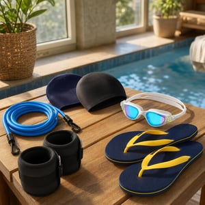 Pachet Fitness Acvatic: 3m centură înot + greutăți + 2 căști + ochelari anti-aburire + papuci
