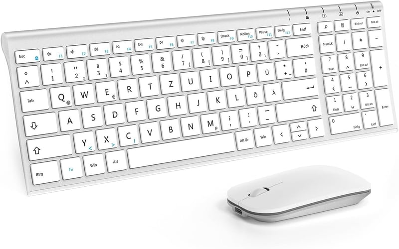 seenda Vezeték Nélküli Billentyűzet-Egér Szett - Újratölthető, Ultravékony Fém Billentyűzet QWERTZ Kiosztással PC/Laptop/Smart TV-hez, Fehér