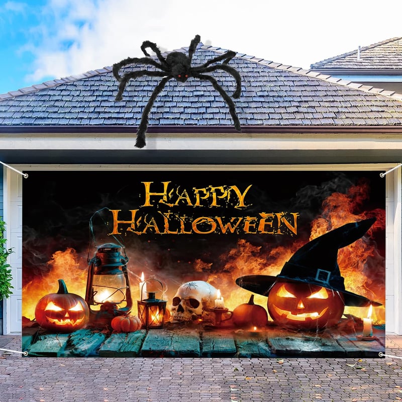 AEESRRU Halloween Dekorációs Molinó - Tök és Szellem Mintás Ajtódísz, Narancssárga-Fekete Háttér, Beltéri-Kültéri Horrordekoráció (180 x 110