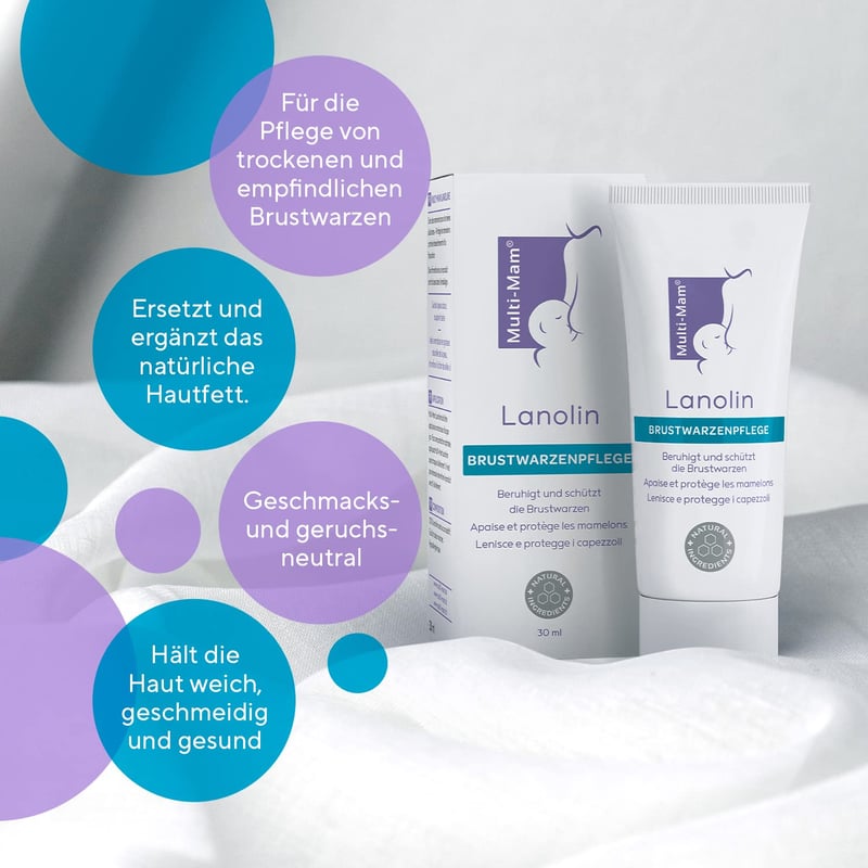 Multi-Mam Lanolin Bimbóápoló Krém - 100% Természetes Védelem Száraz és Berepedezett Mellbimbókra - Íz- és Illatmentes - 30 ml