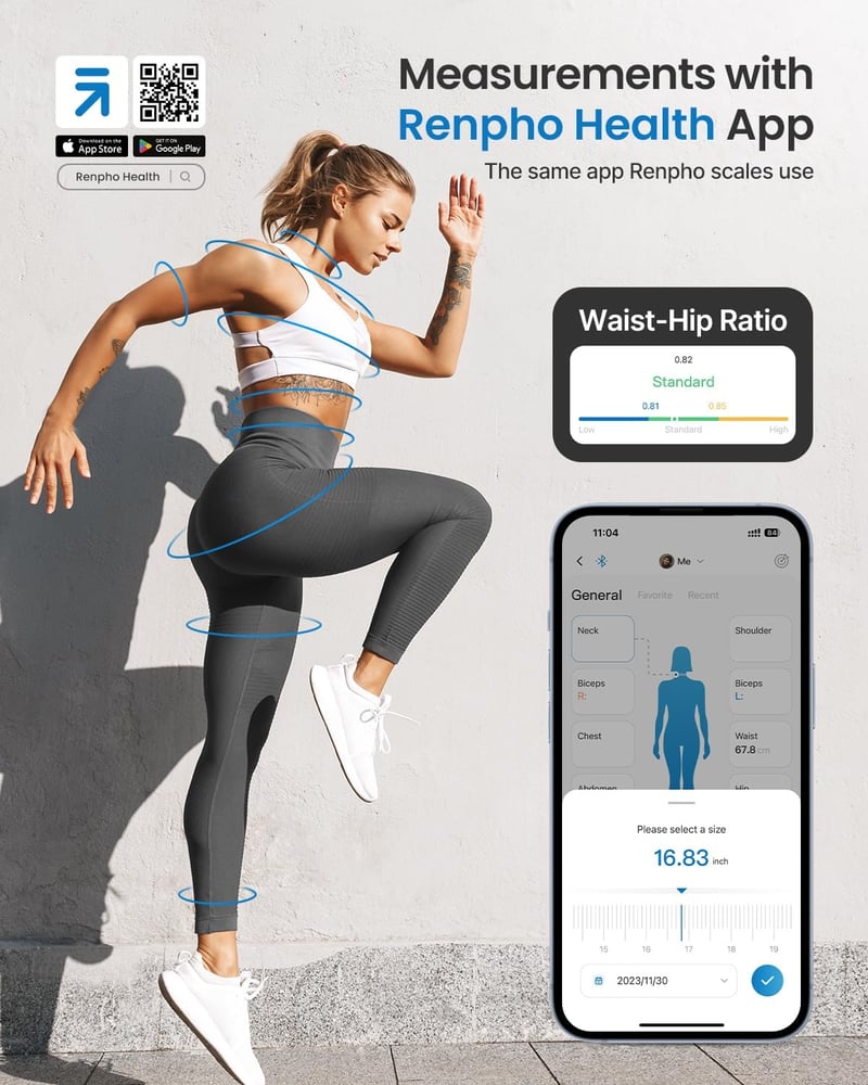 RENPHO Okos Testmérő Szalag Bluetooth-szal - Bicepsz, Mell, Csípő Mérésére CM/Inch
