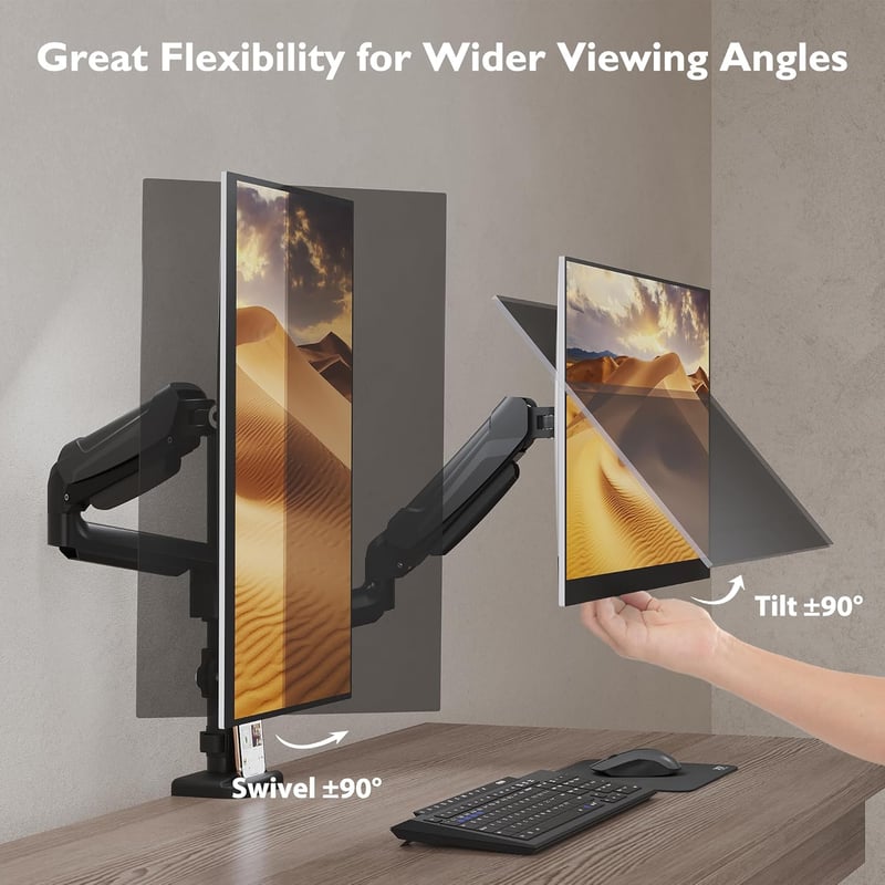 BONTEC Dupla Monitortartó Kar 13-32" LED/LCD Képernyőkhöz, Gázrugós, Kábelrendezővel