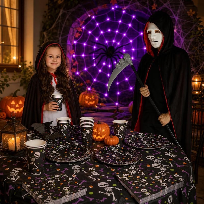 Halloween party set: 1x reverzibilni plašt + 1x LED paukova mreža + 1x set za stol od 97 komada