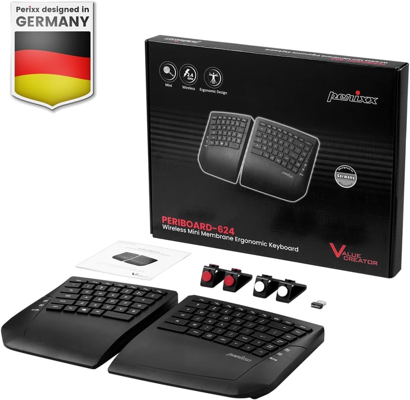 Perixx PERIBOARD-624B Wireless Ergonomic Split Billentyűzet QWERTZ, Fekete