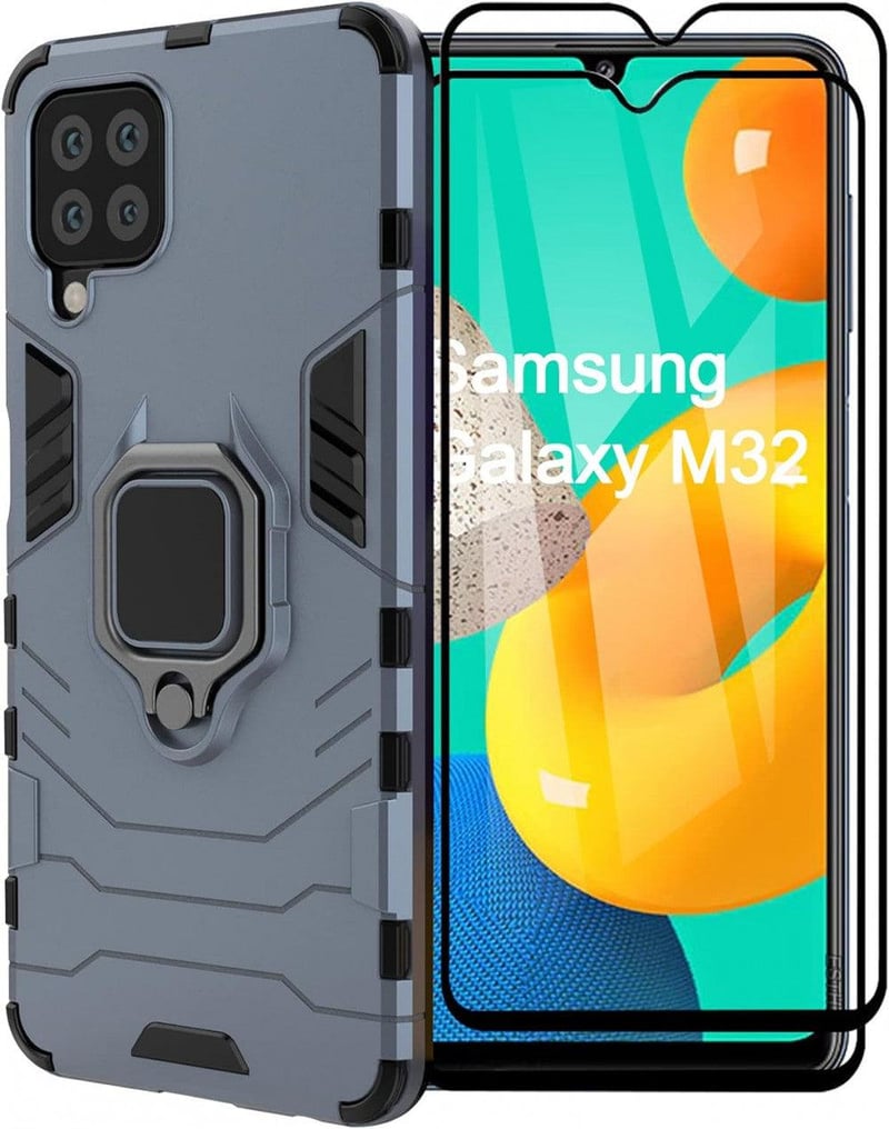 Samsung Galaxy M32 kék tok gyűrűtartóval, üvegfóliákkal és autós tartóval