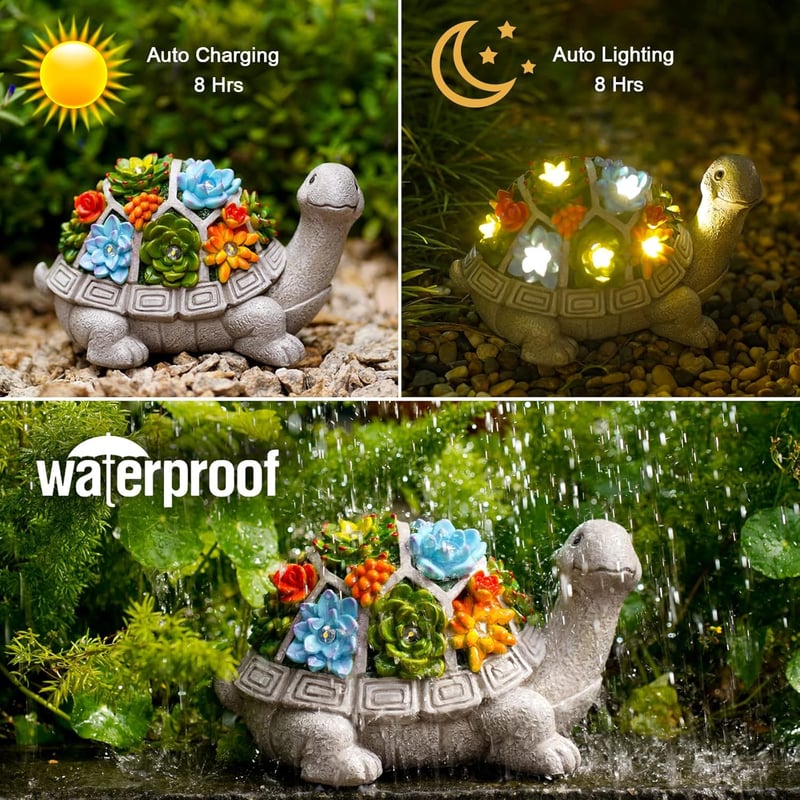 Teknős alakú napelemes kerti lámpa 7 LED-del, pozsgás növénytartóval - Yeomoo