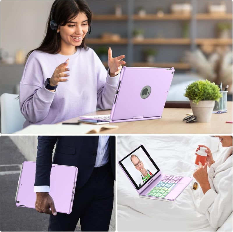 iPad 10.2 360°-os Bluetooth billentyűzetes tok, 7 színű háttérvilágítással - 9./8./7./6. generációs iPadhez (Lila)