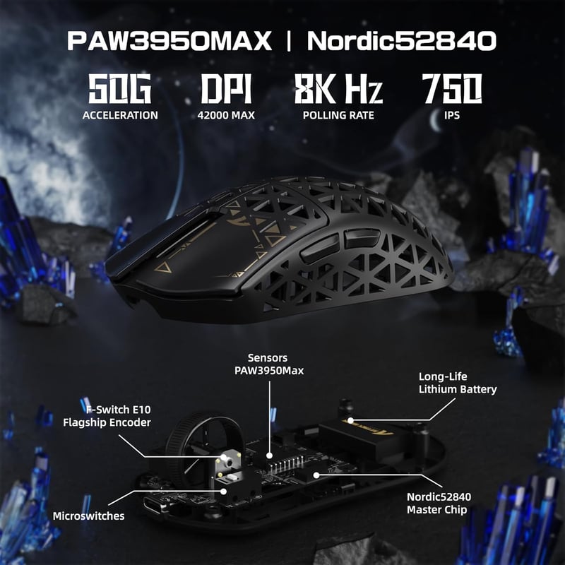 ATTACK SHARK R5 Ultra Szénszálas Vezeték Nélküli Gamer Egér, 39g Ultrakönnyű, 8000Hz Mintavételezés, 42000DPI, Háromféle Csatlakozás, Window