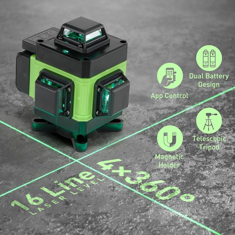 Weytoll 16 Vonalas Keresztlézer Szintező Szett Állvánnyal - 4x360° Zöld Lézer, IP54, 2400mAh Akkumulátor, Bluetooth, Mágneses Alap, Csempézé