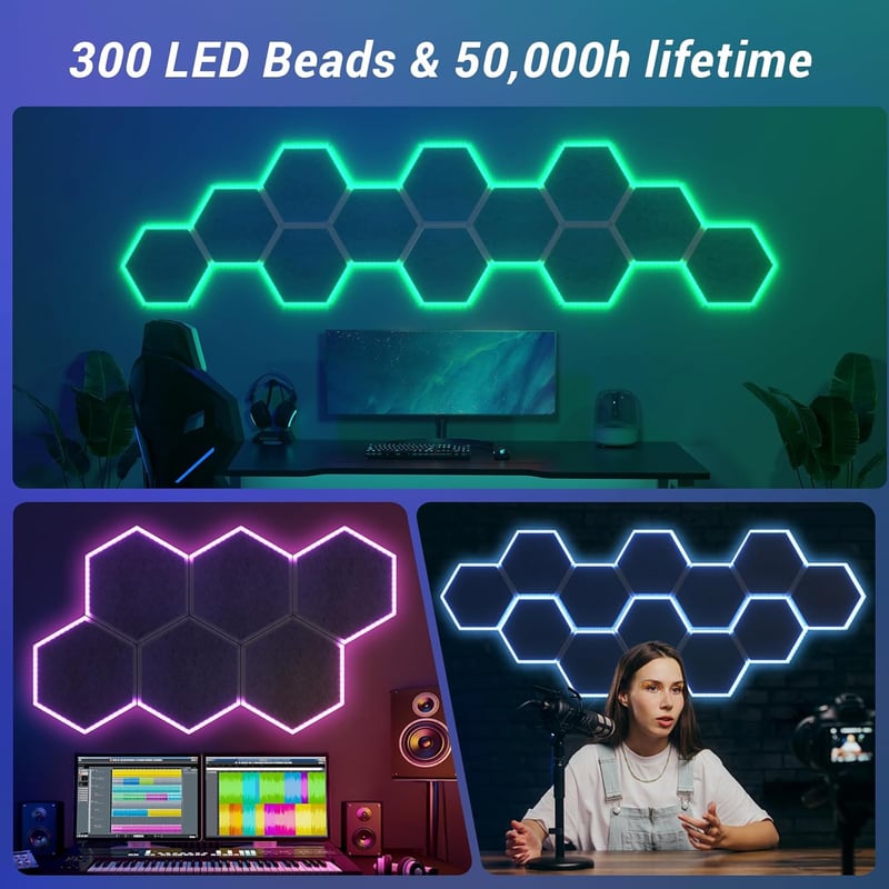 TONOR RGB Akusztikai Panel Szett 12db - 32x28x1,2cm Öntapadós Hangszigetelő Lapok Applikációval Vezérelhető Világítással - Stúdió, Podcast, 