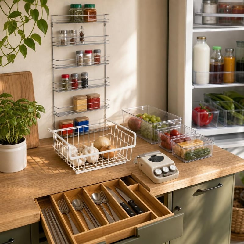 Kuhinjski organizator set: žičana košara + 4 kutije + stalak za začine + umetak za pribor + printer naljepnica