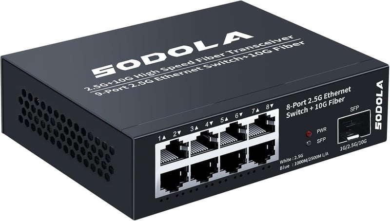 SODOLA 8 portos 2.5 Gbps hálózati switch, 10G SFP+ port, 100 Gbps kapacitás, fémházas
