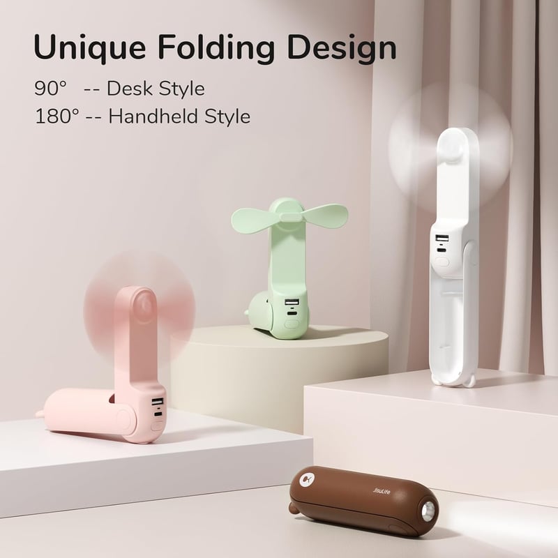 JISULIFE 3 az 1-ben Kézi Ventilátor Powerbank és Zseblámpa Funkcióval - Tölthető USB, 12-19 Órás Üzemidő, Hordozható, Fehér