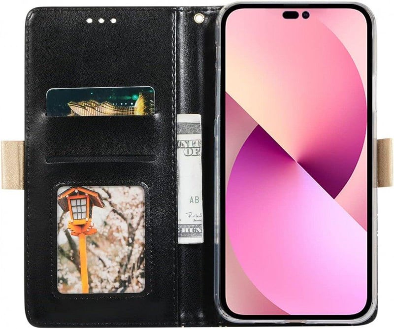 iPhone 14 Pro Fekete Pénztárcatok Nőknek Masnis Karpánttal