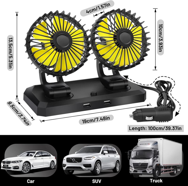 Coikes 12V-os dupla autós ventilátor, 360°-ban forgatható, 2 sebességes