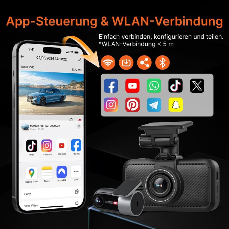 Miofive S1 Ultra 4K+4K Autós Menetrögzítő Kamera, Első-Hátsó GPS, 5.8GHz WiFi, Éjjellátó, 3" IPS Kijelző, 64GB Kártya, HDR, Applikáció