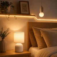 Esti fényvarázs: E27 LED gömbizzó + 5 m LED szalag + textilbúrás asztali lámpa 1