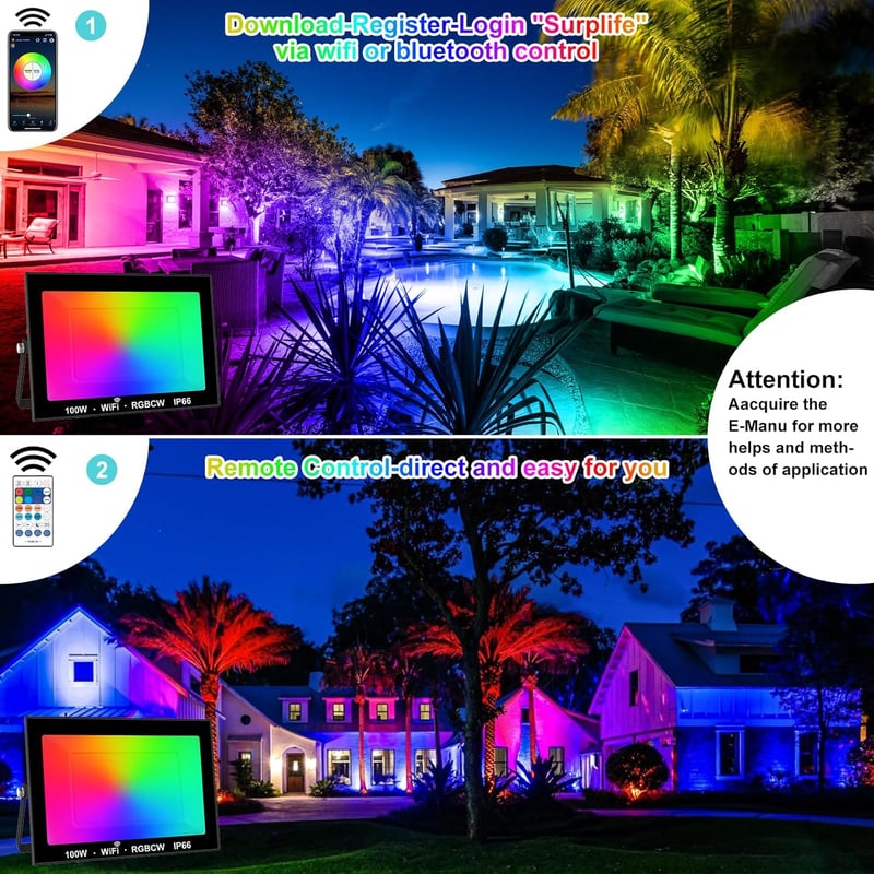 2 db RGB LED Kültéri Reflektor 100W - WiFi/Bluetooth Vezérlés, IP66 Vízálló, 16 Millió Szín, Zenére Változó Fények Partikhoz, Karácsonyra