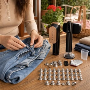 Set za popravak traperica: 20x metalni gumb za hlače + putno parno glačalo