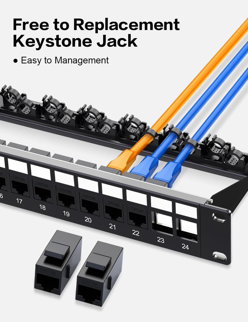 Enman Group 24 Portos Cat6A Árnyékolt Keystone Patch Panel 19" Rack Szekrényhez, Intelligens Kábel Menedzsmenttel, Fekete
