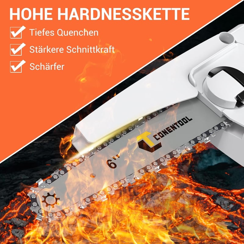 Conentool 6 Colos Mini Láncfűrész 5000 mAh - 2 Akkumulátorral és 2 Edzett Lánccal, 650W Akkus Kézi Láncfűrész Metszéshez és Favágáshoz