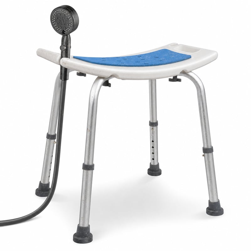 Nastaviteľná sprchovacia stolička VOUNOT s modrým vankúšom, výška 38-52 cm, nosnosť 136 kg, protišmyková — použitá (stav: pozri 2. obrázok)