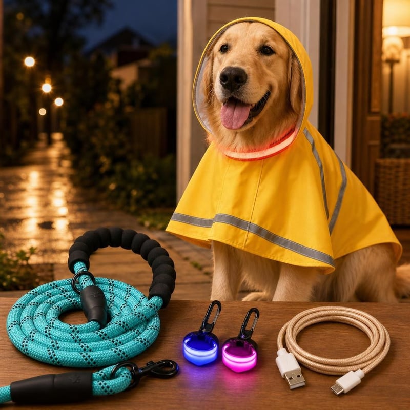 Balík na nočné venčenie: reflexné vodítko + LED obojok + pršiplášť + 2x svetlo + USB kábel