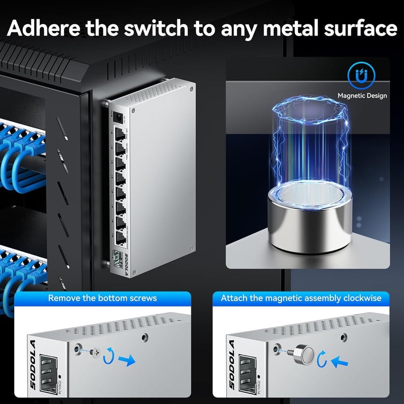 SODOLA 8-Port 2.5Gb Webes Menedzselt Switch 10G SFP+ Porttal - Alumínium Hűtéssel és Mágneses Talpakkal - LACP/QoS/VLAN Hálózati Eszköz Otth