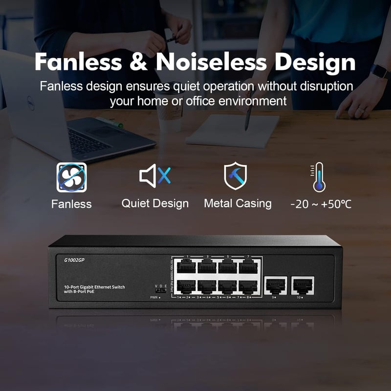 10 Portos Gigabit PoE Switch - 8 PoE+ Port, 120W, Ventilátor Nélküli