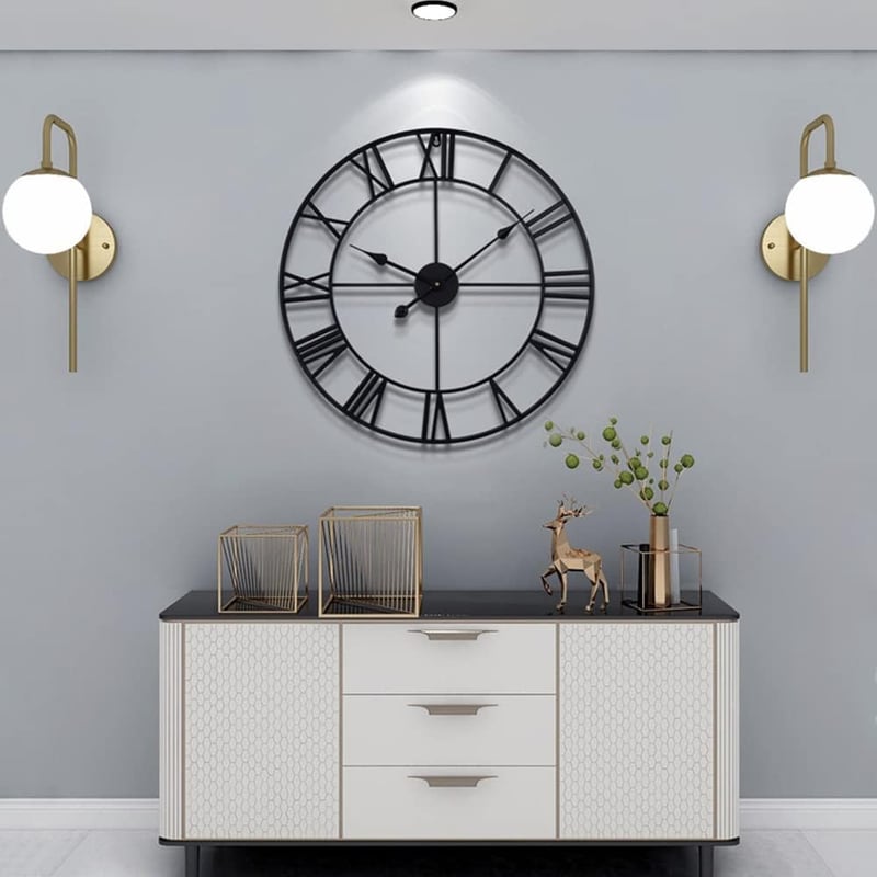 HAITANG Nagyméretű Vintage Fém Falióra - Fekete, Hangtalan, Római Számokkal, 60 cm - Elegáns Dekoráció Nappaliba, Hálószobába, Konyháb