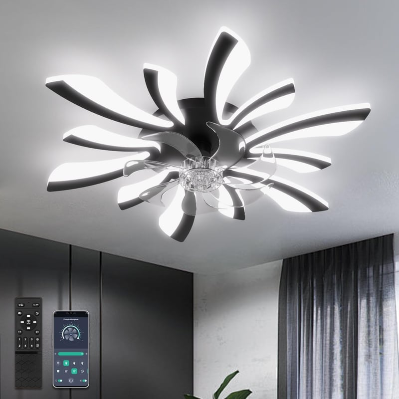 YUNLONG 78 cm Fekete Mennyezeti Ventilátor LED Világítással - Távirányítós, Szabályozható, 6 Sebességes, Csendes DC Motor, Nappali és Hálósz