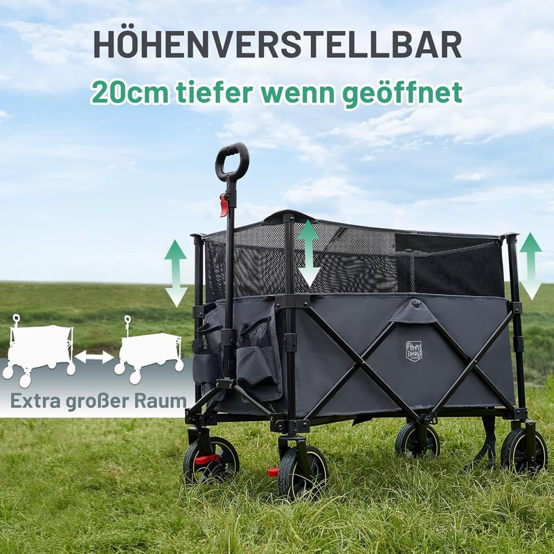 TIMBER RIDGE XXXL Összecsukható Kerti Kézikocsi 225L - Fékezhető Szállítókocsi Állítható Kapacitással, Állítható Fogantyúval, Oldalsó Zsebbel, T