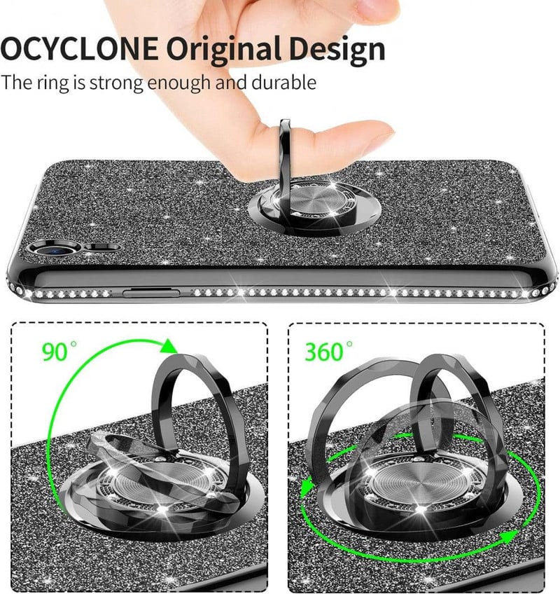 iPhone XR Csillogó Fekete Gyűrűs Védőtok Glitterrel