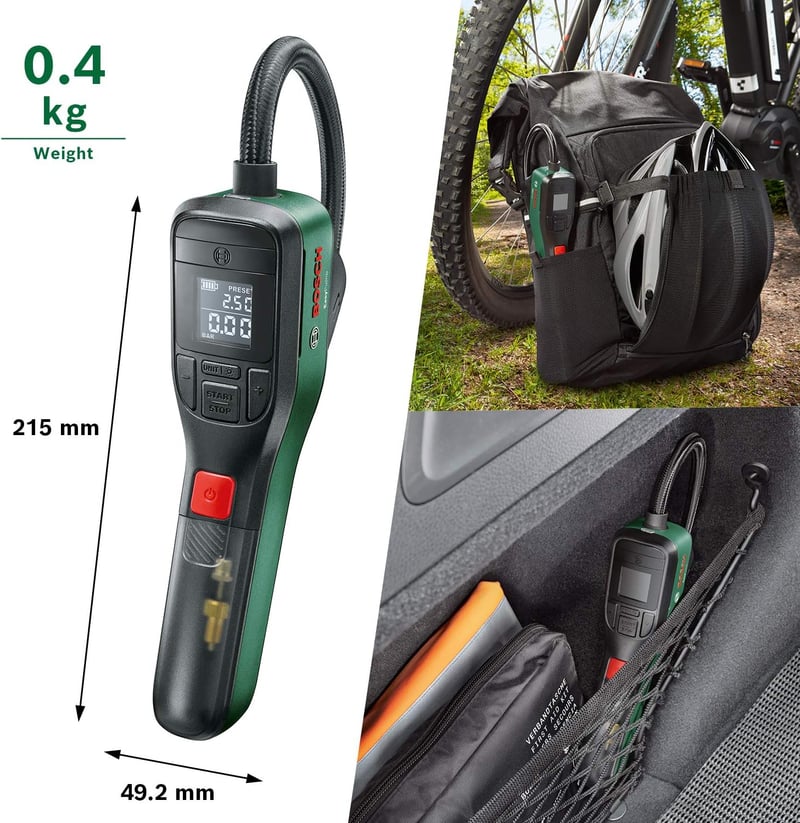 Bosch EasyPump Elektromos Pumpa - Mini Kompresszor 3.0 Ah Akkumulátorral, Autostop Funkcióval, 10.3 Bar, USB-C Töltés, LED Kijelző