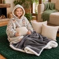 Bekuckózós takarócsomag: kapucnis hordható takaró + sherpa pléd 150×200 + szőnyeg 160×120 + 2 db lenvászon 1