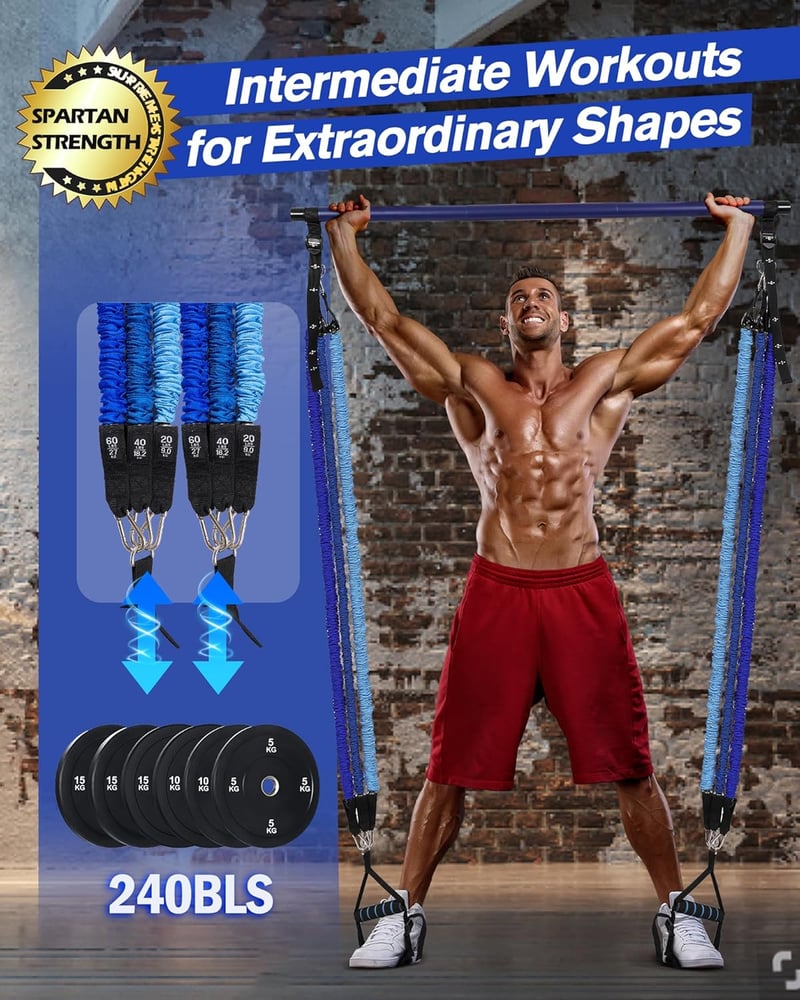 ALongSong Pilates Rúd Szett 6 Ellenállási Gumiszalaggal 9-109 kg Otthoni Edzéshez - Állítható Fitness Eszköz Fogantyúkkal és Ajtórögzítővel