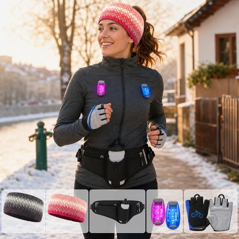 Zimski set za trčanje: 2x traka za glavu + pojas za trčanje s bocom + 2x LED svjetlo + podstavljene rukavice