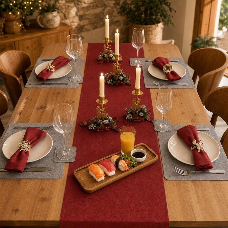 Set decor masă festivă: 1x runner + 6x inele șervețele + 4x suport lumânări + tavă salcâm + 6x suport farfurie