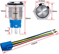 Aiqeer 16 mm-es Nyomógomb Kapcsoló Szett (2 db) - 12V/24V 5A Autó Indító Kapcsoló, IP67 Vízálló Rozsdamentes Acél, Előre Kábelezett Aljzatta 2