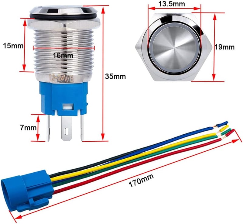 Aiqeer 16 mm-es Nyomógomb Kapcsoló Szett (2 db) - 12V/24V 5A Autó Indító Kapcsoló, IP67 Vízálló Rozsdamentes Acél, Előre Kábelezett Aljzatta