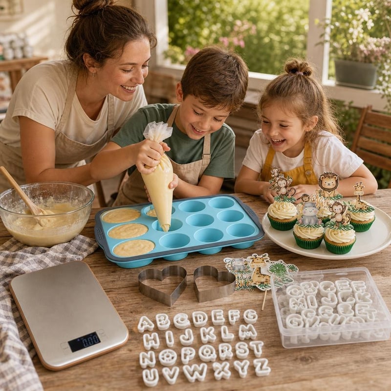Set Magic în Bucătărie: 12 forme muffin + 3 inimi + 26 litere + 24 toppere + cântar