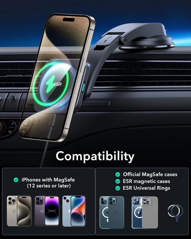 ESR HaloLock mágneses autós vezeték nélküli töltő iPhone 15/14/13/12 sorozathoz, fekete