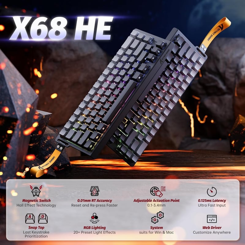 ATTACK SHARK X68 HE 8000Hz Gyors Mechanikus Gamer Billentyűzet, 0.01mm Pontosság, RGB Háttérvilágítás, Mágneses Kapcsolók, 60% Kompakt, PC/M