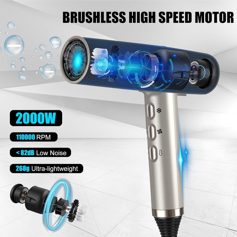 slopehill Hajszárító Kefe Nélküli Motorral - 2000W, LED Kijelző, Ionos Technológia, 268g Szuperkönnyű, 3 Hőfokozat, Automata Tisztítás, Pezs