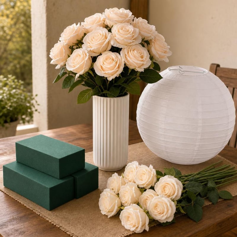 Set decorativ Sărbătoarea Florilor: 3x burete floral + vază ceramică + 15x trandafiri mătase + abajur