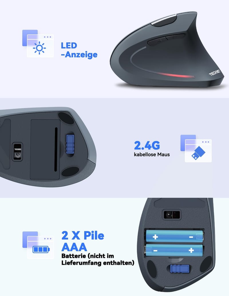 TECKNET Ergonomikus Vezeték Nélküli Függőleges Egér, 4800 DPI, 6 Gombos, Kényelmes Csuklótámasz, PC/Laptop/Mac Kompatibilis, Szürke