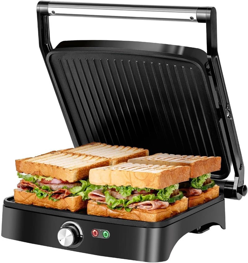 Aigostar 1500 W elektromos kontakt grill panini és szendvics sütő, ezüst színű asztali grillserpenyő