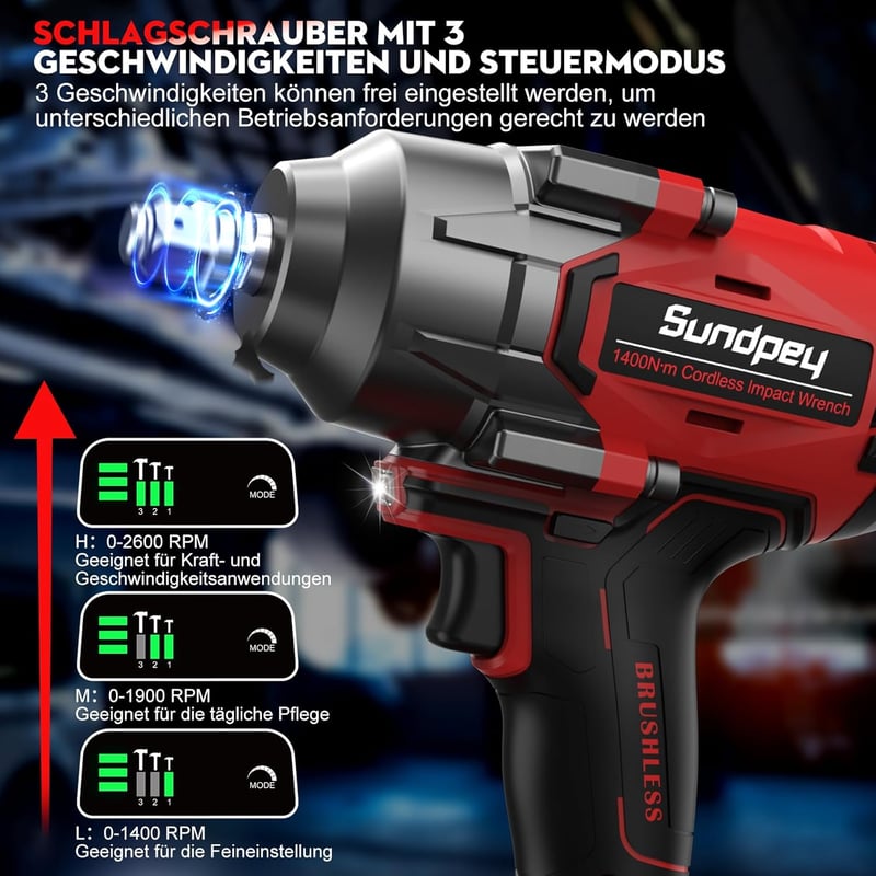 Sundpey 21V Akkus Ütvecsavarozó 1400Nm, Kefe Nélküli Motor, 2db 4000mAh Akkumulátor, 5 Dugókulcs, 9 Fúrószár, Autó és Otthoni Szereléshez